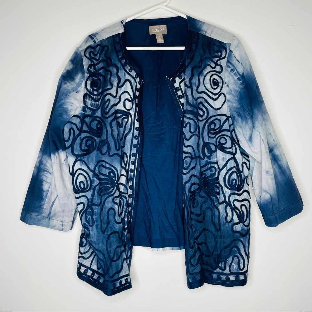 Chico's 100% Cotton Blue Tie Dye Embroidered Open Cardigan Jacket Size 3/XL